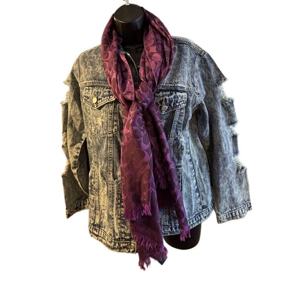 Coach Purple Signature Scarf 30% Silk & 70% Wool, Preppy Fall Boho Relaxed Fit - Picture 6 of 7